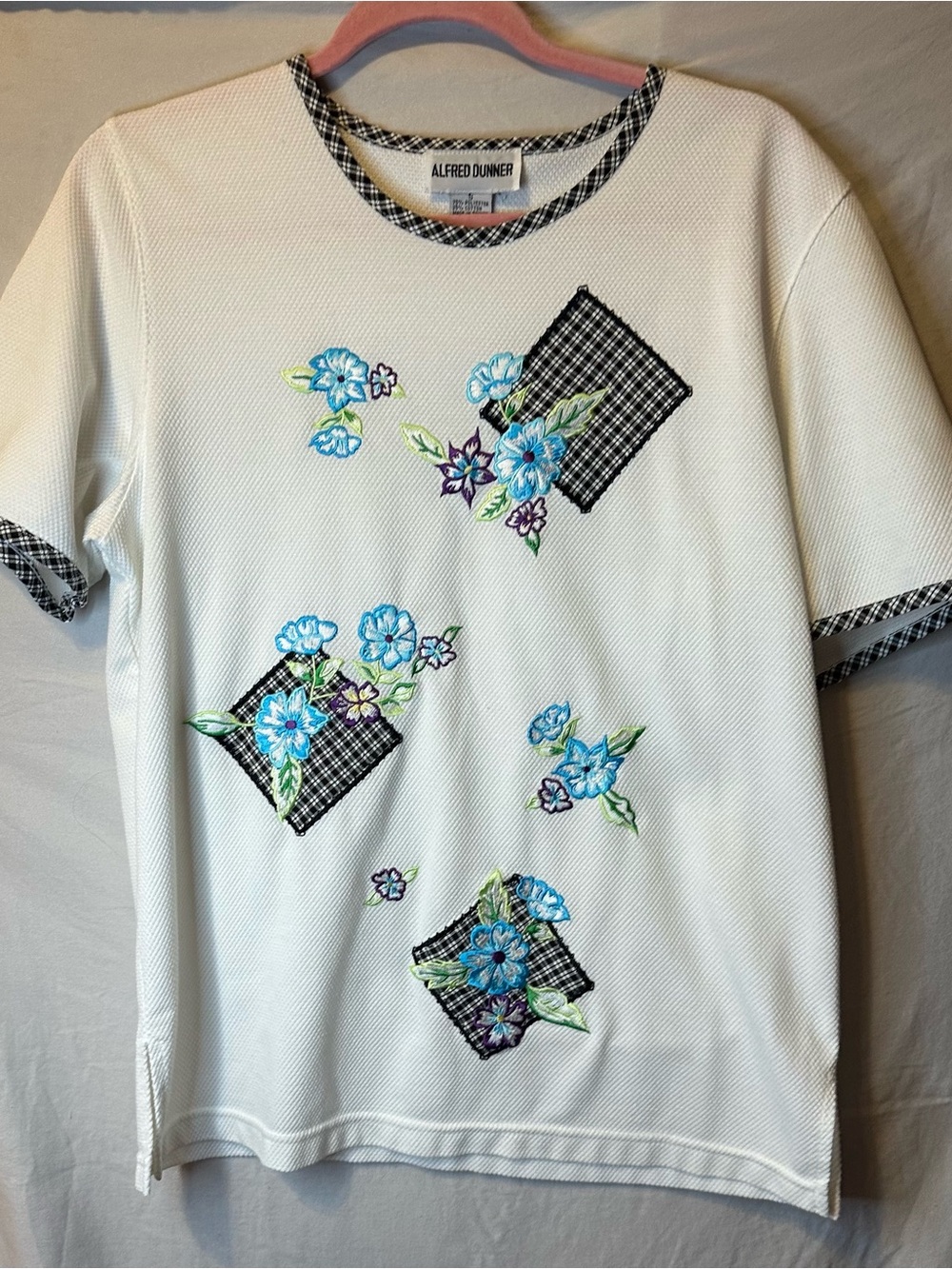 Alfred Dunner White Tee with Blue Floral Embroidery and Black Gingham Trim